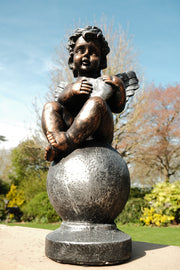 Bronze Effect Cherub With Heart Sitting Angel Garden Decoration Ornament