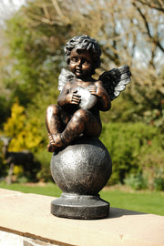 Bronze Effect Cherub With Heart Sitting Angel Garden Decoration Ornament