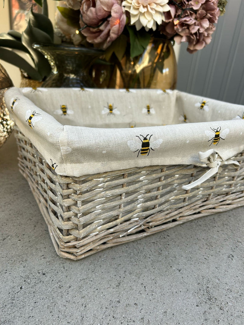 Shallow Wicker Storage Baskets with Bumblebee Bee Beige Liner Kitchen Tidy