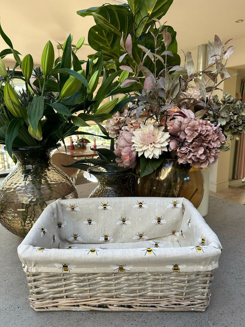Shallow Wicker Storage Baskets with Bumblebee Bee Beige Liner Kitchen Tidy