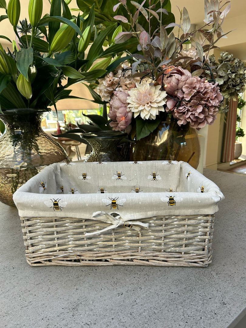 Shallow Wicker Storage Baskets with Bumblebee Bee Beige Liner Kitchen Tidy