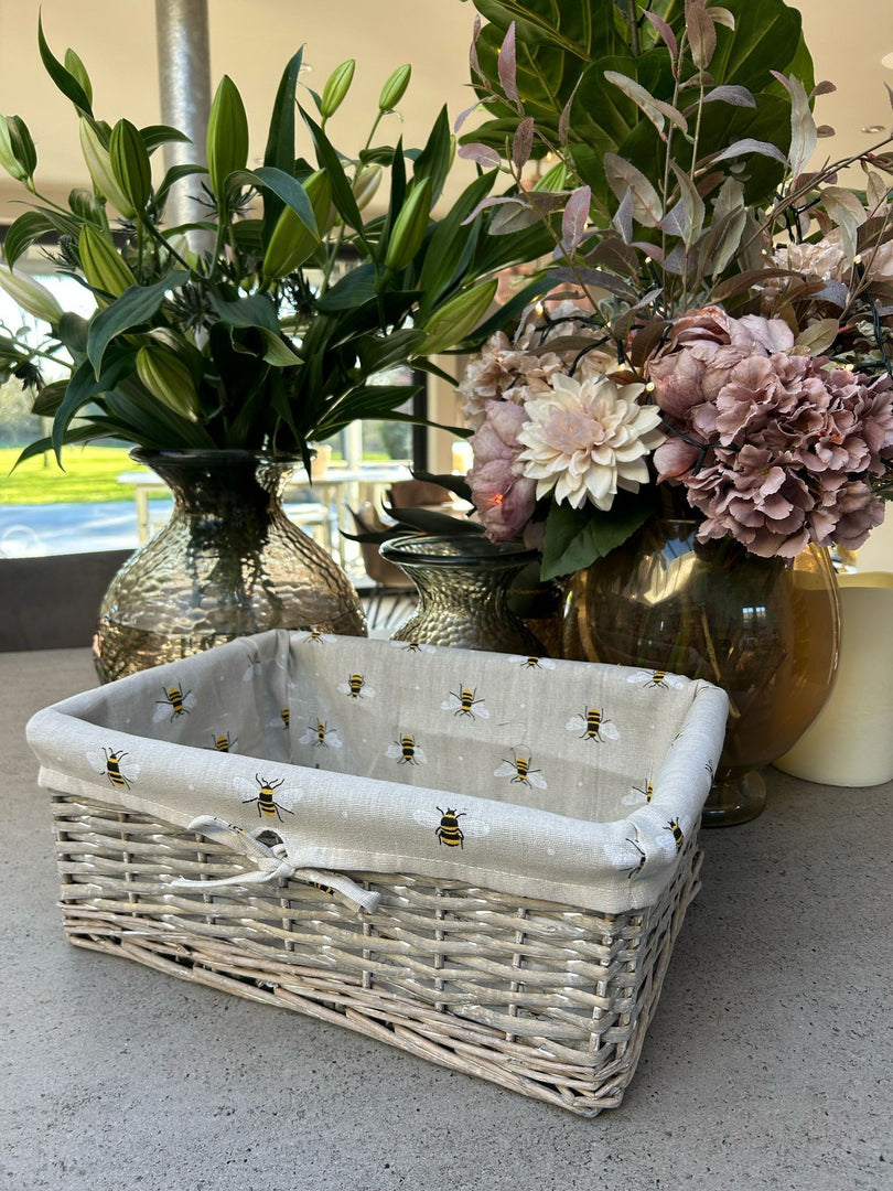 Shallow Wicker Storage Baskets with Bumblebee Bee Beige Liner Kitchen Tidy