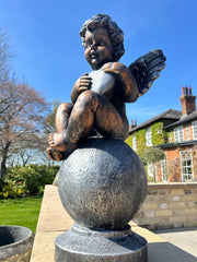 Bronze Effect Cherub With Heart Sitting Angel Garden Decoration Ornament