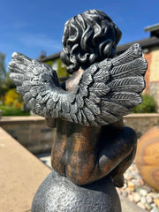 Bronze Effect Cherub With Heart Sitting Angel Garden Decoration Ornament