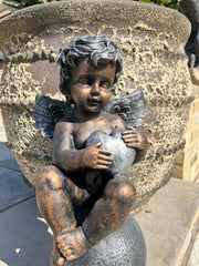 Bronze Effect Cherub With Heart Sitting Angel Garden Decoration Ornament