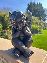 Bronze Effect Dreaming Sitting Down Cherub Angel Garden Decoration Ornament