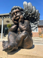 Bronze Effect Dreaming Sitting Down Cherub Angel Garden Decoration Ornament