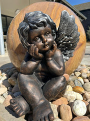 Bronze Effect Dreaming Sitting Down Cherub Angel Garden Decoration Ornament