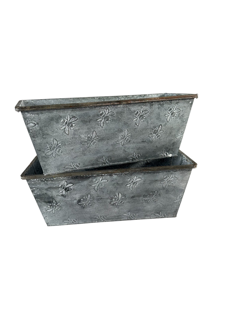 Set Of 2 Bee Zinc Rectangular Garden Planters Plant Herb Pot Embossed