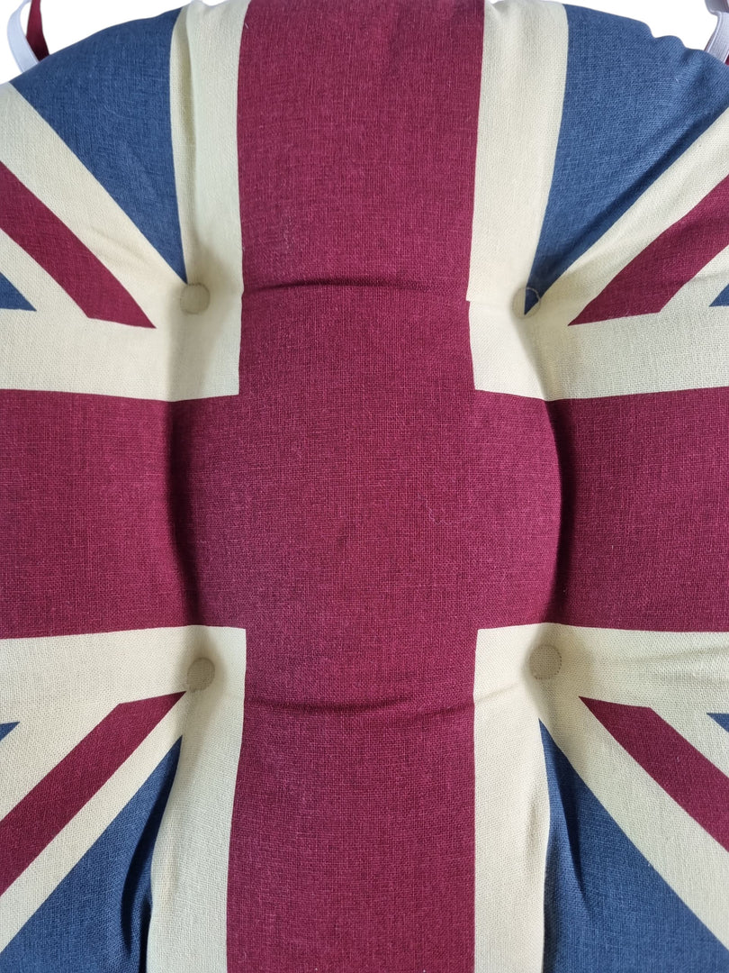 Union Jack UK Vintage Seat Pad Set of 2 or 4 Kitchen Chair Cushion Tie On 37cm