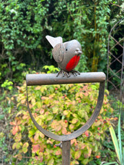 Garden Fork With Robin Stake British Bird Metal Rustic Gift Brown Decoration