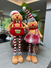 Festive Mr & Mrs Gingerbread Plush Standing Extendable Legs Xmas Gift Decorations