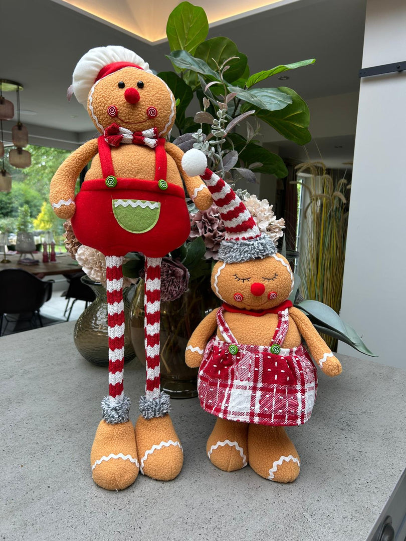 Festive Mr & Mrs Gingerbread Plush Standing Extendable Legs Xmas Gift Decorations