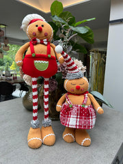 Festive Mr & Mrs Gingerbread Plush Standing Extendable Legs Xmas Gift Decorations