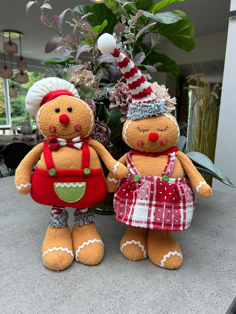 Festive Mr & Mrs Gingerbread Plush Standing Extendable Legs Xmas Gift Decorations