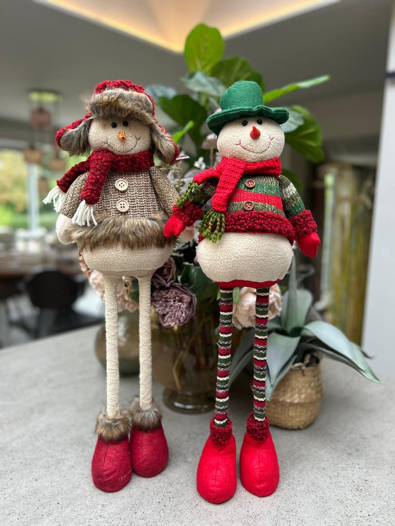 Festive Mr & Mrs Snowman Plush Standing Extendable Legs Xmas Gift Decorations