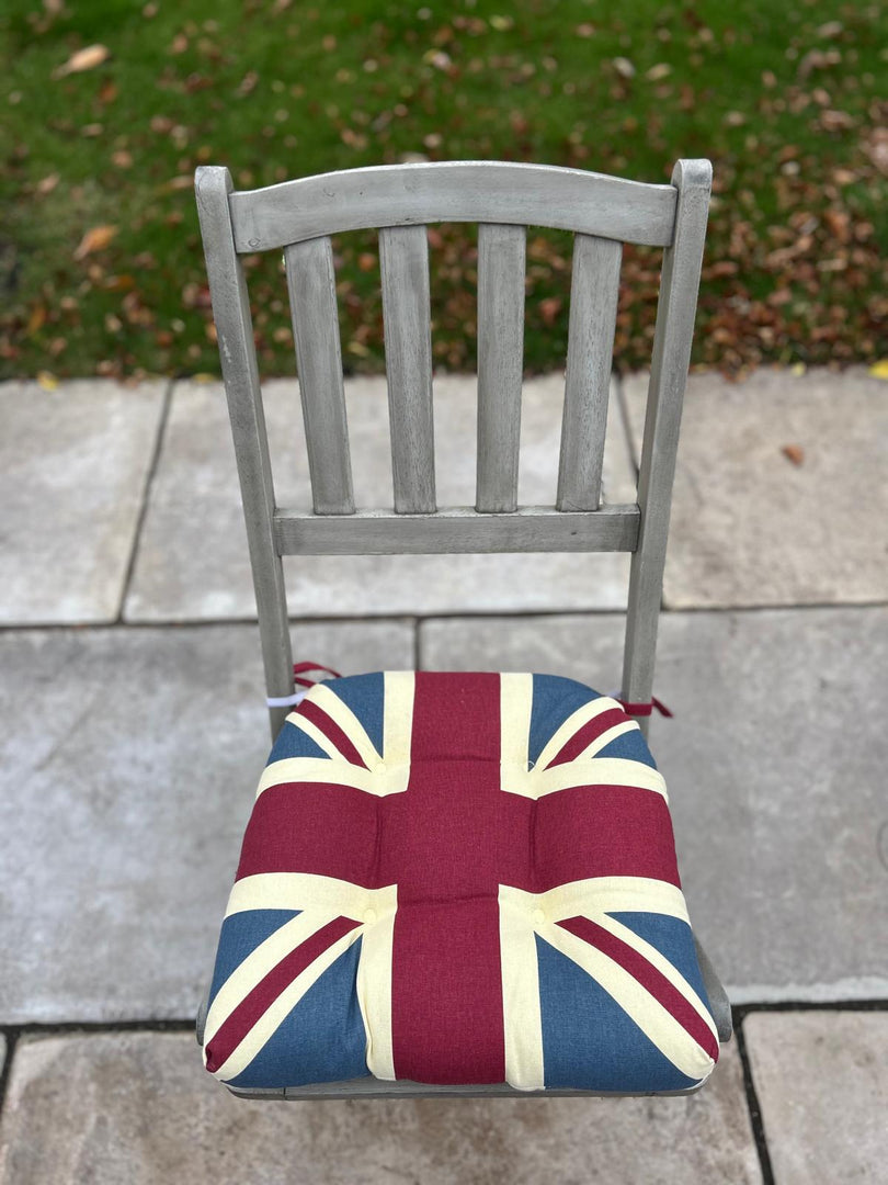 Union Jack UK Vintage Seat Pad Set of 2 or 4 Kitchen Chair Cushion Tie On 37cm