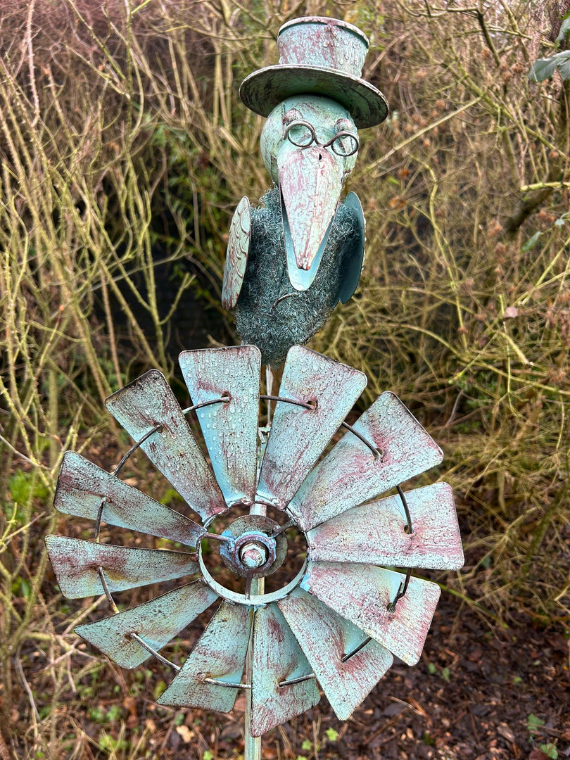Verdigris Crow Windmill Garden Decoration Windspinner Stake