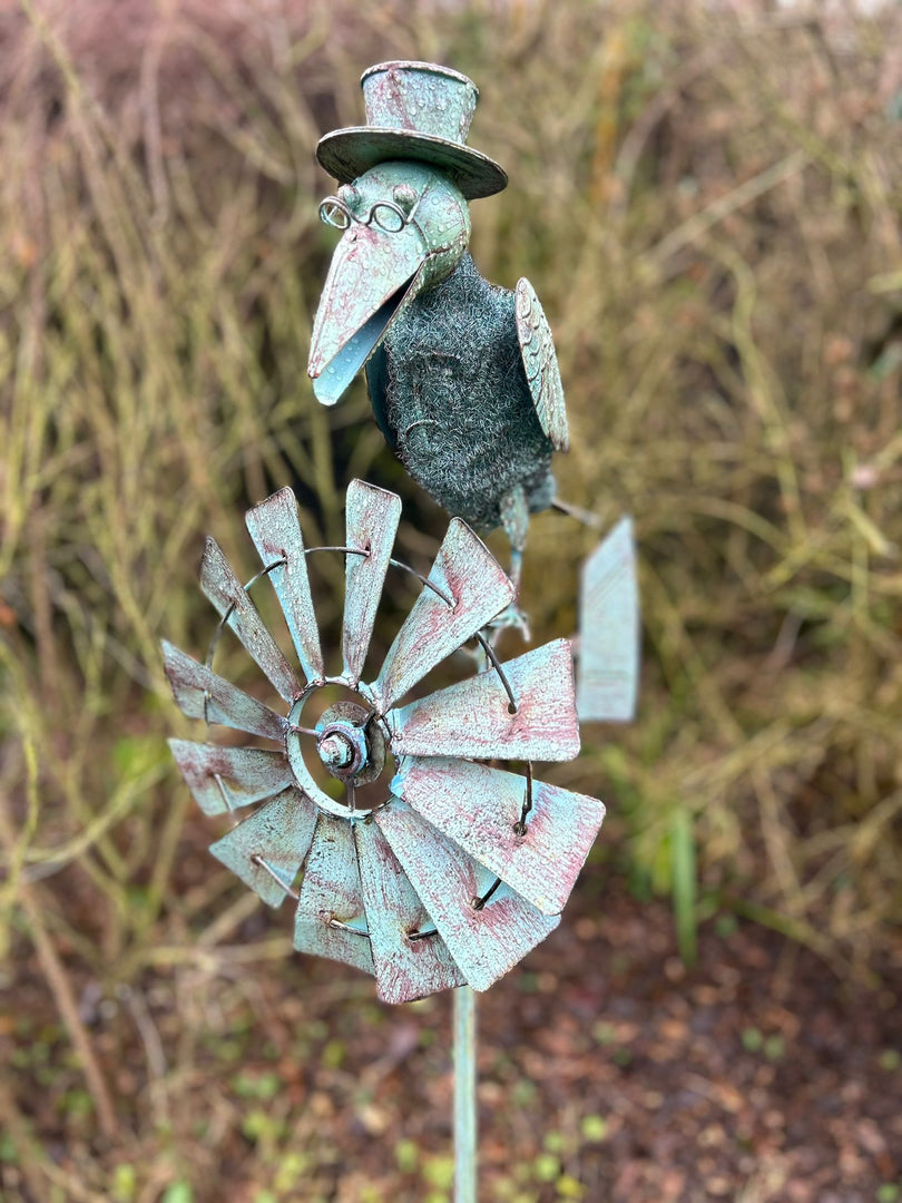 Verdigris Crow Windmill Garden Decoration Windspinner Stake
