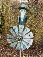 Verdigris Crow Windmill Garden Decoration Windspinner Stake