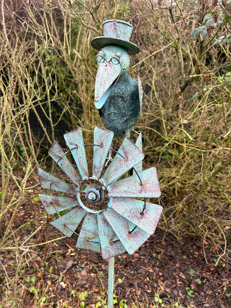 Verdigris Crow Windmill Garden Decoration Windspinner Stake