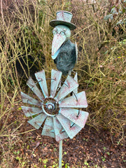 Verdigris Crow Windmill Garden Decoration Windspinner Stake