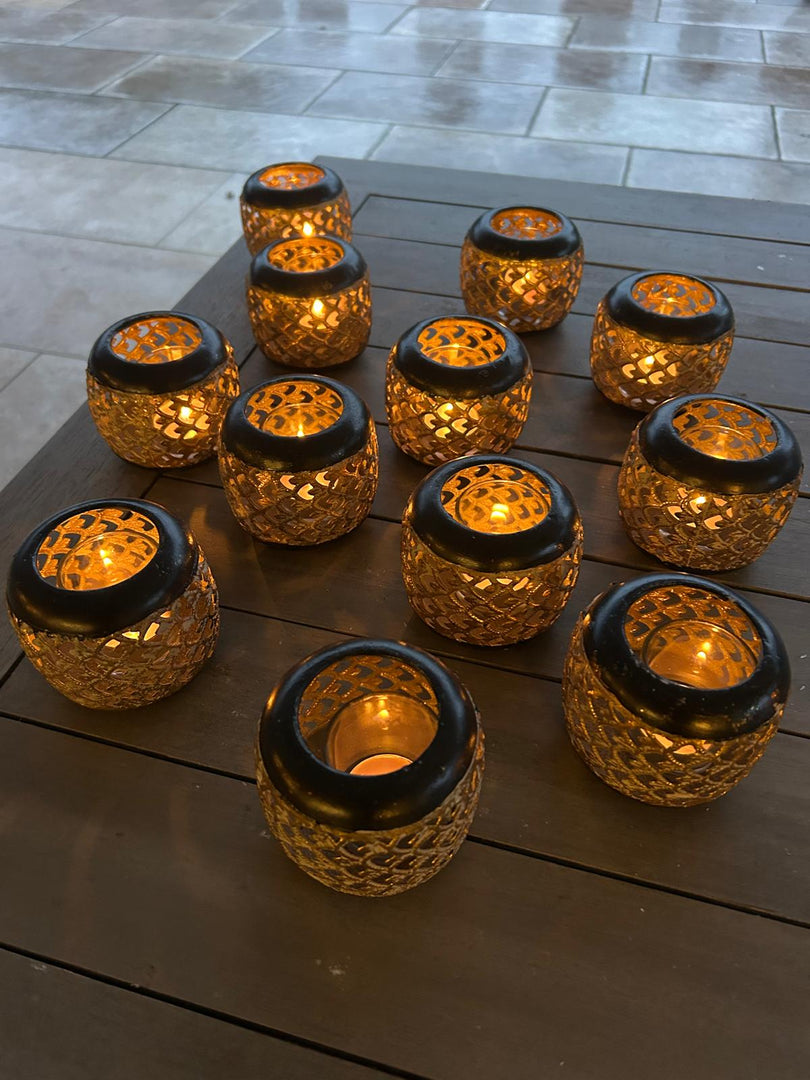 Set Of 12 Black & Gold Sienna T-Light Decorative Candle Holder Garden Decoration