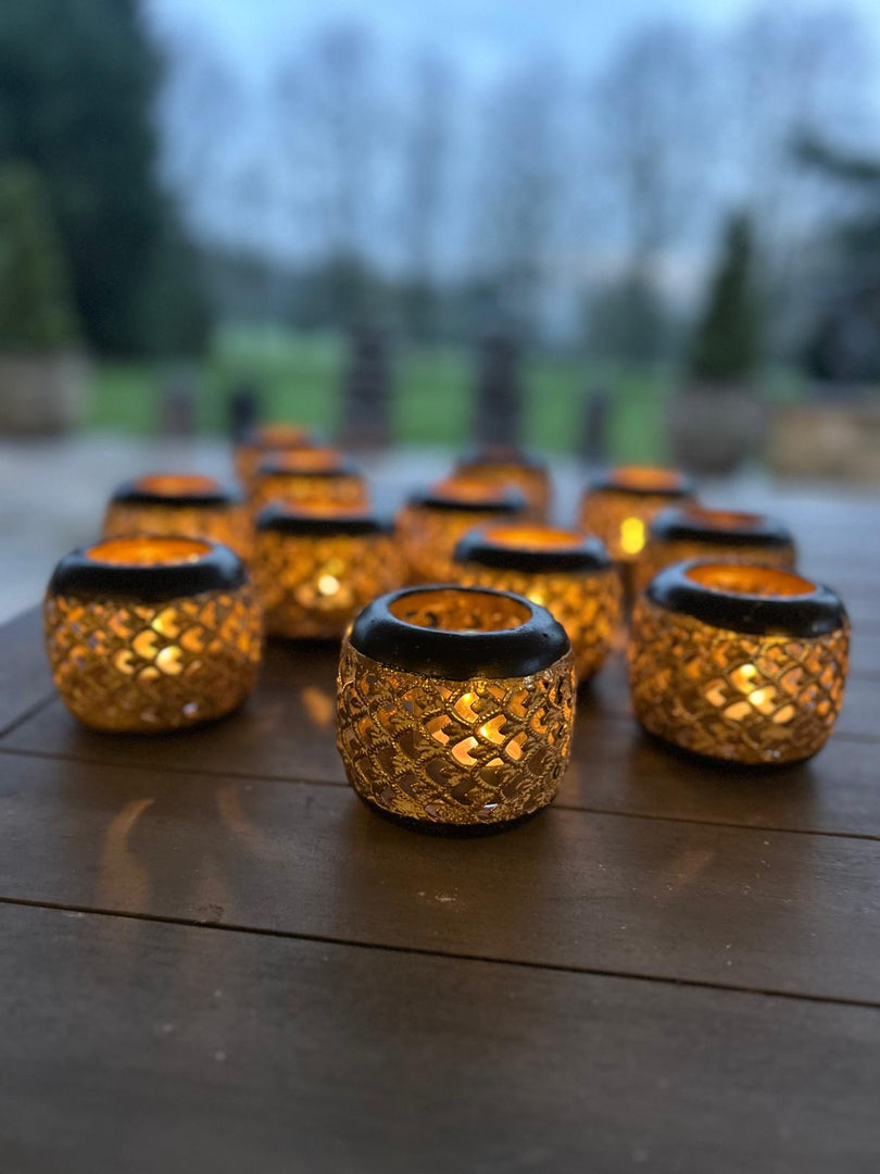Set Of 12 Black & Gold Sienna T-Light Decorative Candle Holder Garden Decoration