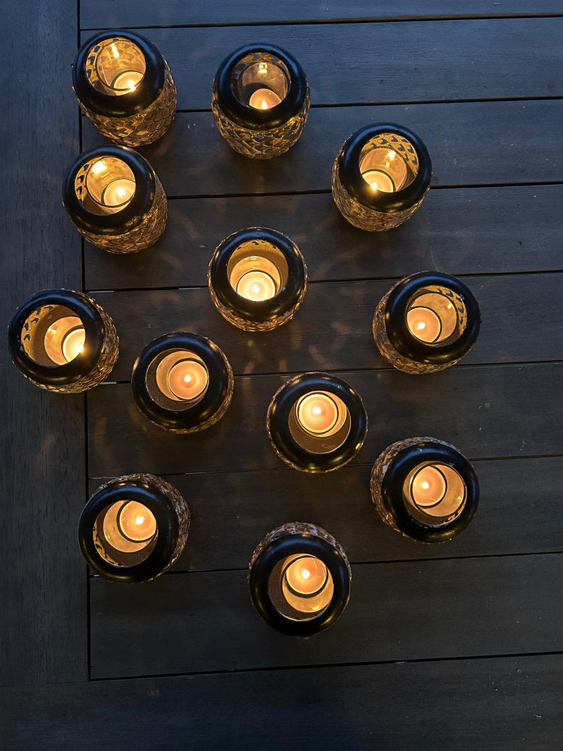 Set Of 12 Black & Gold Sienna T-Light Decorative Candle Holder Garden Decoration