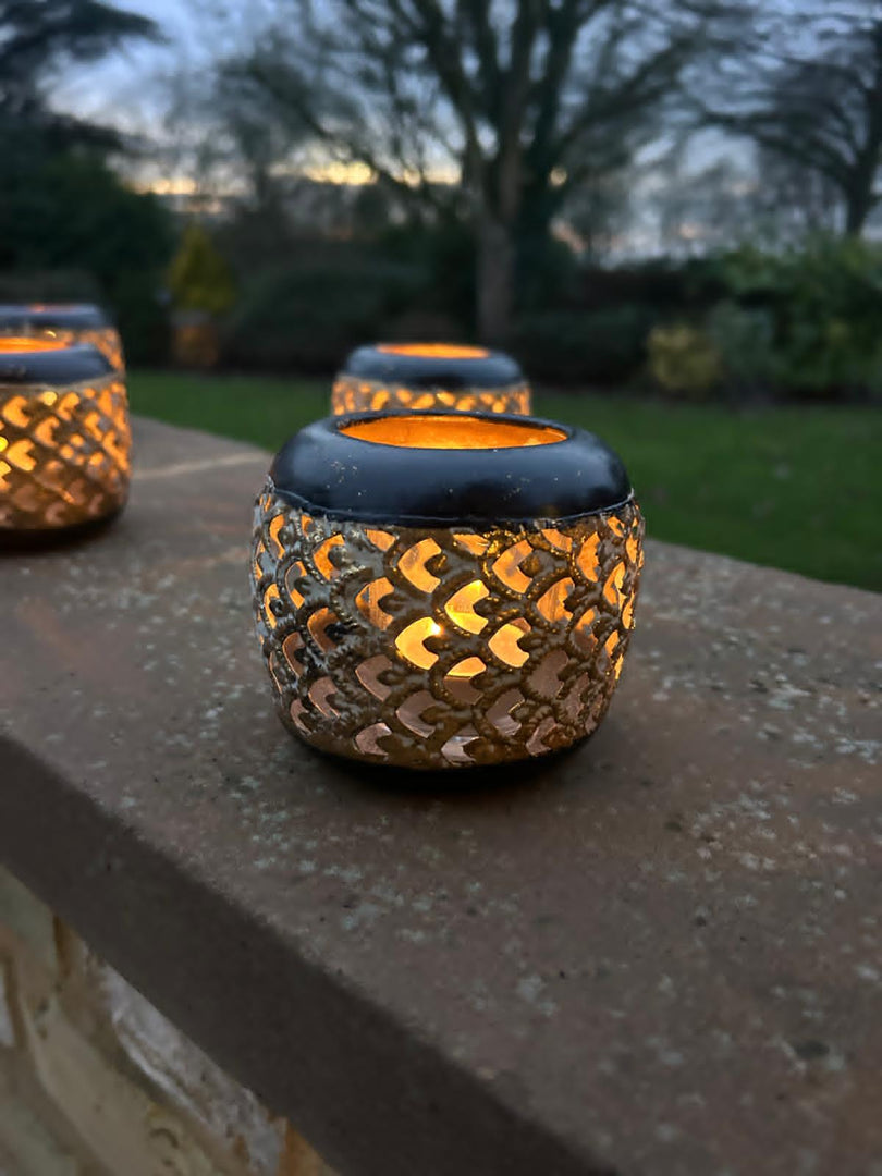Set Of 12 Large Sienna Black Gold T-Light Decorative Candle Holder Garden Decor