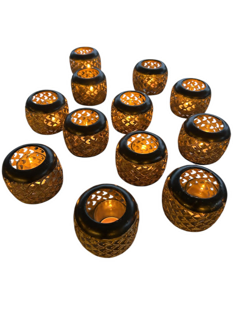 Set Of 12 Large Sienna Black Gold T-Light Decorative Candle Holder Garden Decor