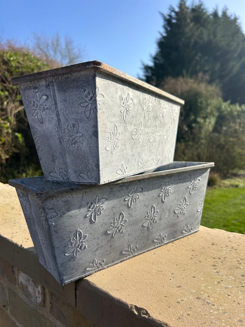 Set Of 2 Bee Zinc Rectangular Garden Planters Plant Herb Pot Embossed