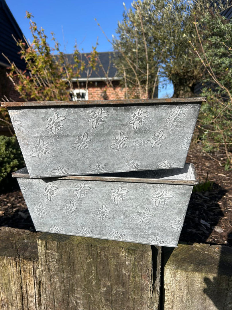Set Of 2 Bee Zinc Rectangular Garden Planters Plant Herb Pot Embossed
