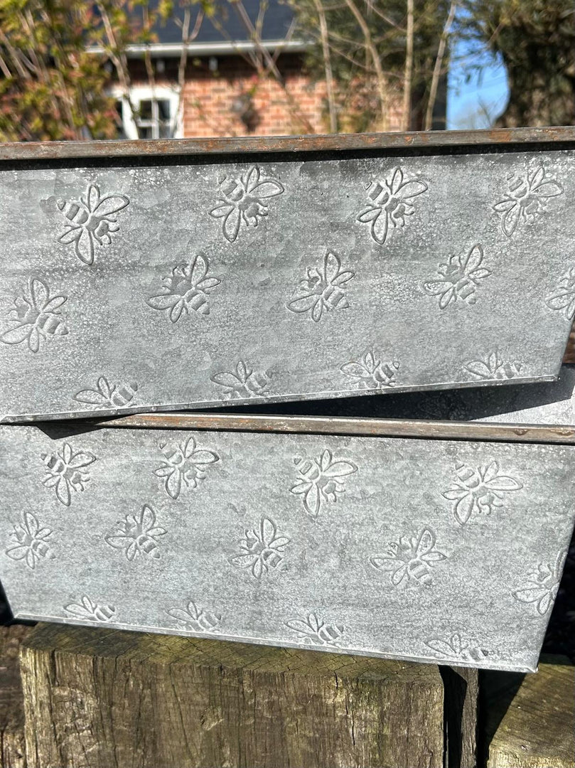 Set Of 2 Bee Zinc Rectangular Garden Planters Plant Herb Pot Embossed