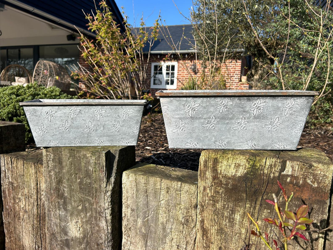 Set Of 2 Bee Zinc Rectangular Garden Planters Plant Herb Pot Embossed