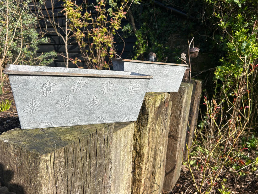 Set Of 2 Bee Zinc Rectangular Garden Planters Plant Herb Pot Embossed