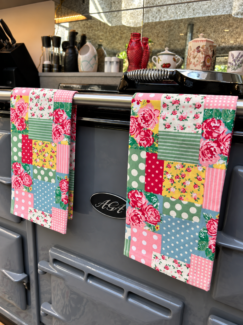 Patchwork Floral Set Of Two Kitchen Tea Towels 100% Cotton Kitchen Textiles