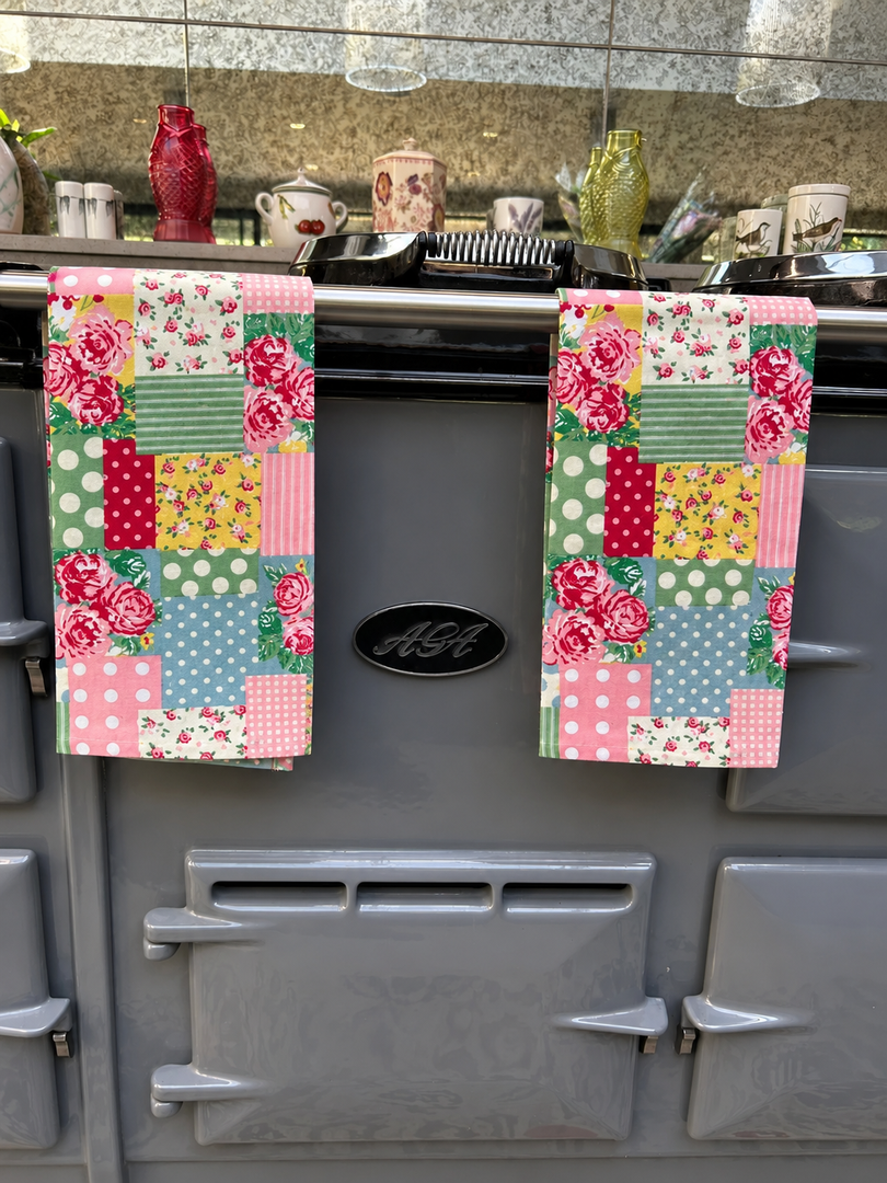 Patchwork Floral Set Of Two Kitchen Tea Towels 100% Cotton Kitchen Textiles