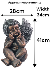 Bronze Effect Dreaming Sitting Down Cherub Angel Garden Decoration Ornament