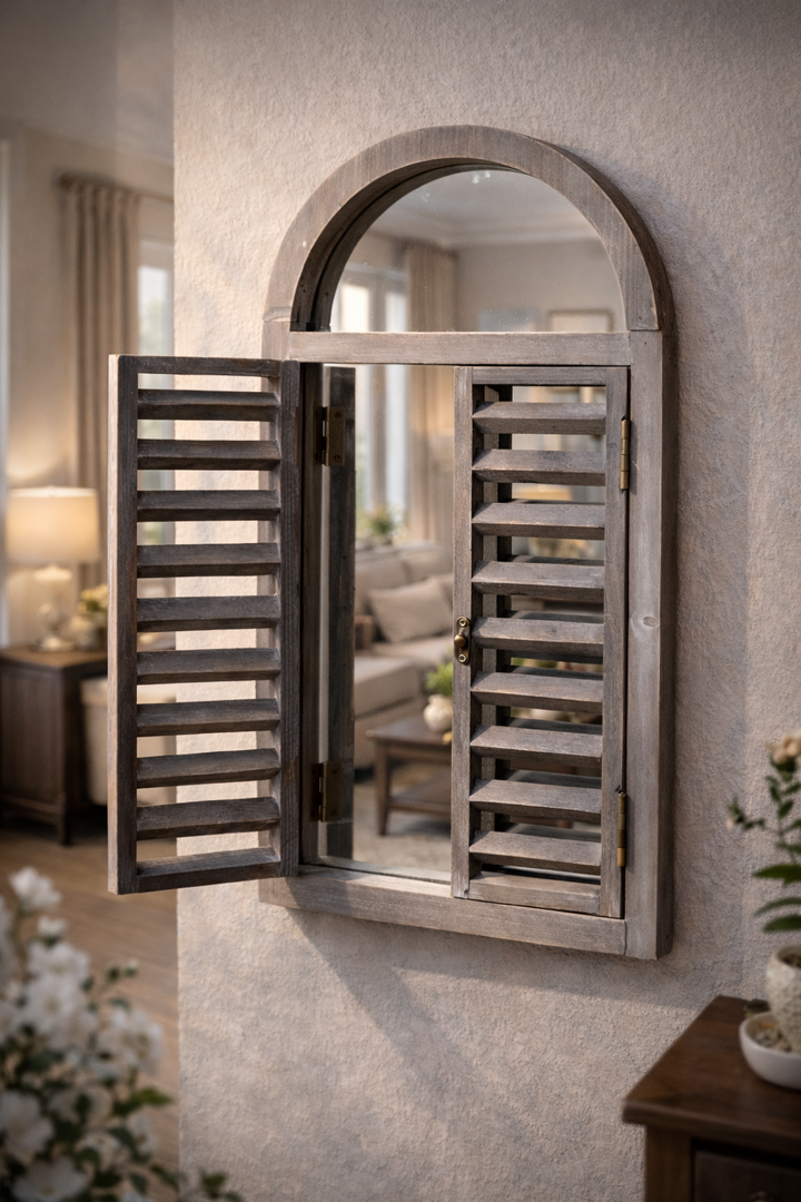 Shutter Door Wooden Wall Mirror Garden Hanging Wall Mount Gift Decoration