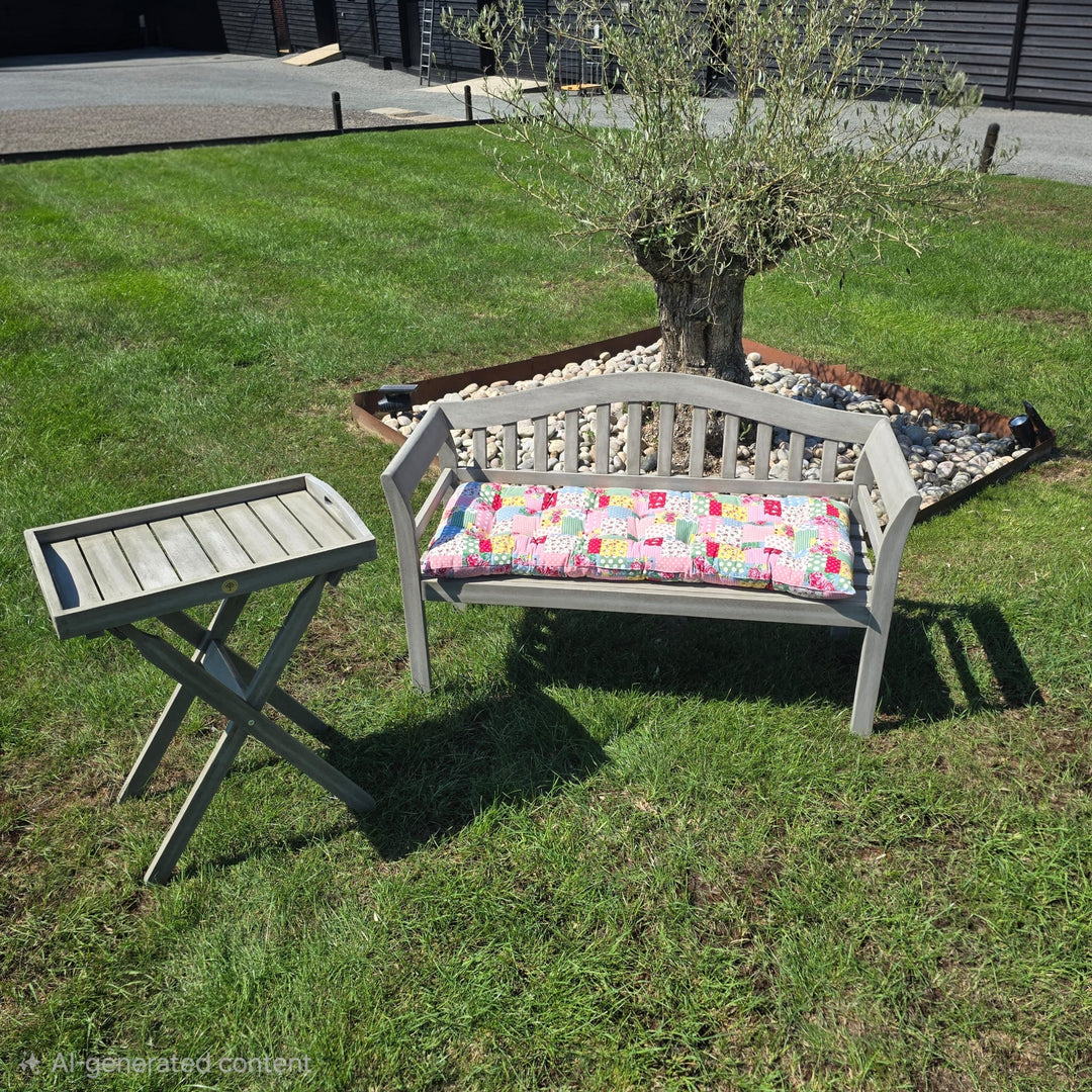 Queen Classic Grey Wooden Garden Bench 2/3 With Seat Pad Cushion & Butler Tray