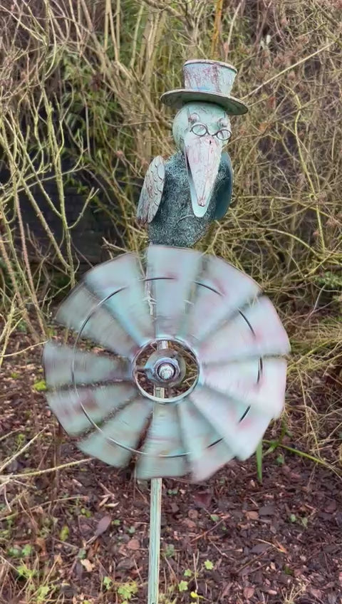 Verdigris Crow Windmill Garden Decoration Windspinner Stake