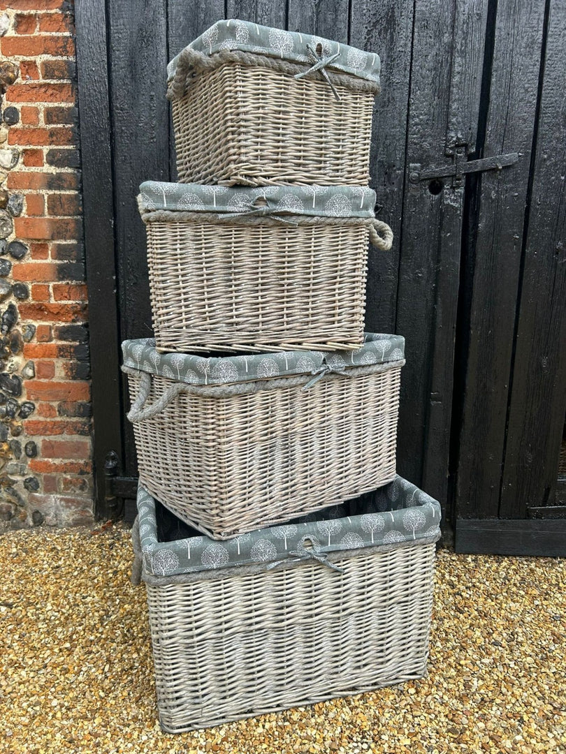Rectangular Grey-wash Wicker Log Storage Basket Mulberry Liner & Rope Handle