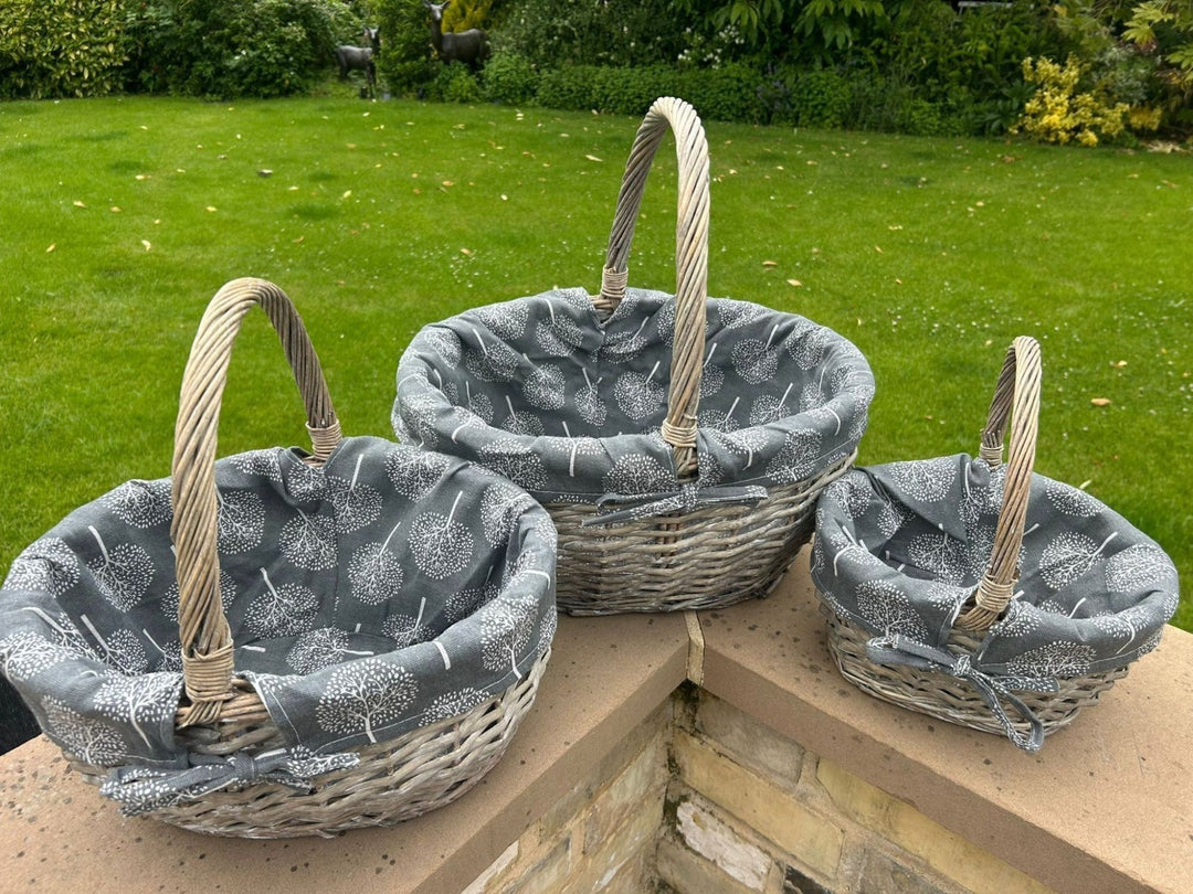 Grey Wicker Shopper Shopping Basket with Mulberry Tree Liner Storage Farmshop
