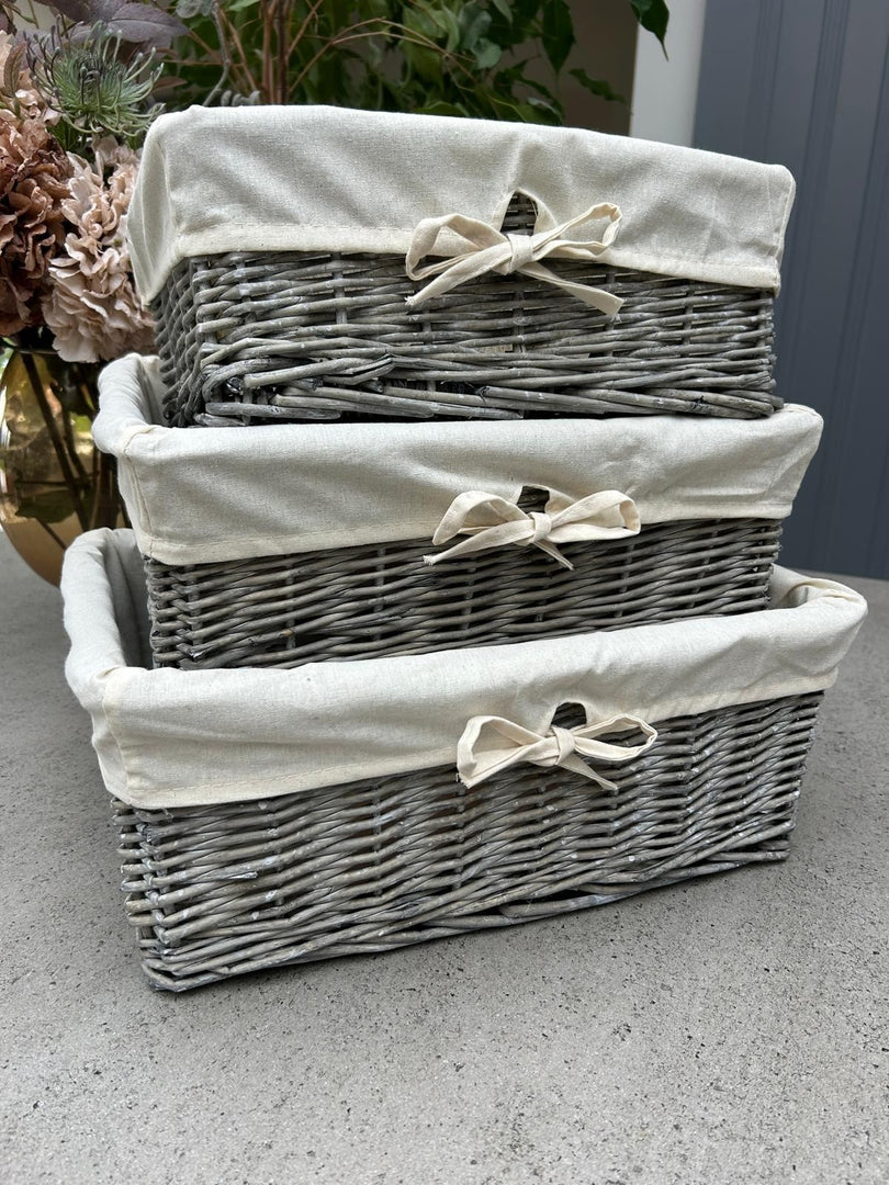 Shallow Driftwood-Wash Wicker Storage Baskets Plain Natural Liner Kitchen Tidy