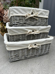 Shallow Driftwood-Wash Wicker Storage Baskets Plain Natural Liner Kitchen Tidy
