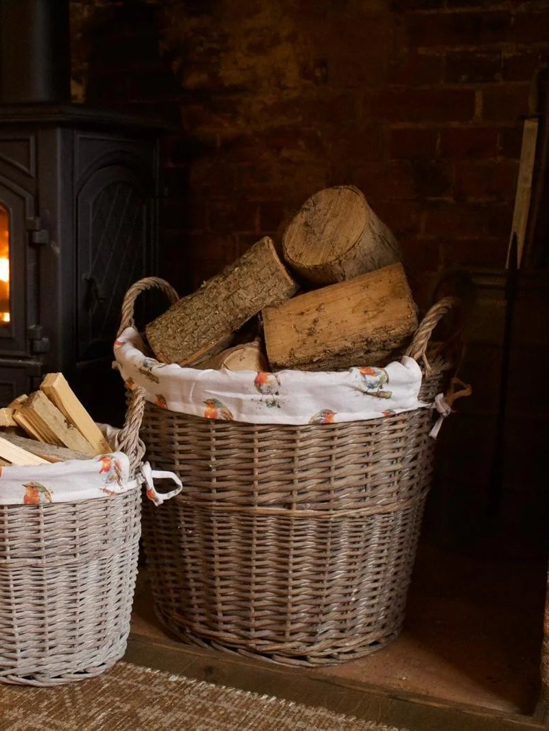 Round Driftwood-wash Wicker Log Fireside Storage Basket with Robin Bird Liner