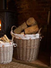 Round Driftwood-wash Wicker Log Fireside Storage Basket with Robin Bird Liner