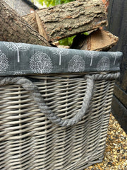 Rectangular Grey-wash Wicker Log Storage Basket Mulberry Liner & Rope Handle
