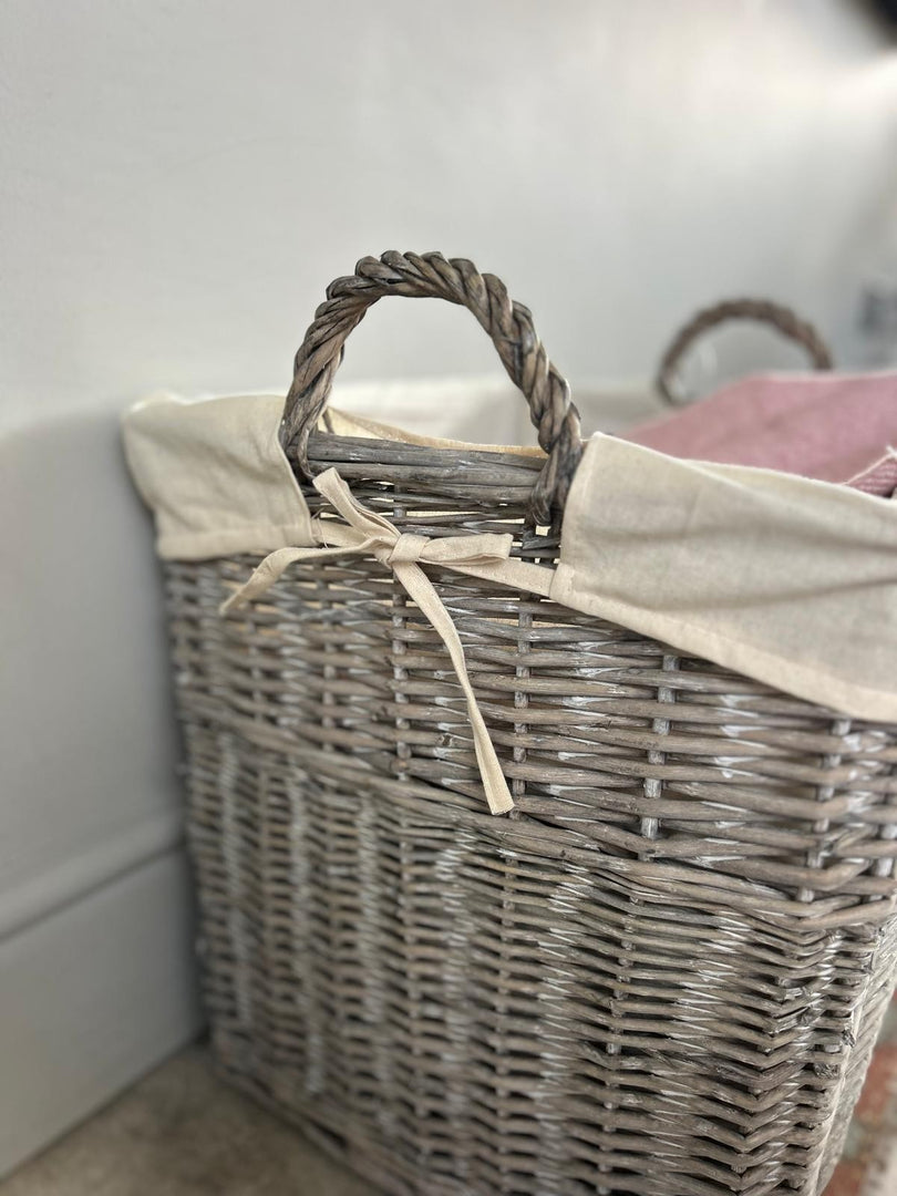 Square Driftwood-wash Wicker Log Fireside Storage Basket - Plain Natural Liner